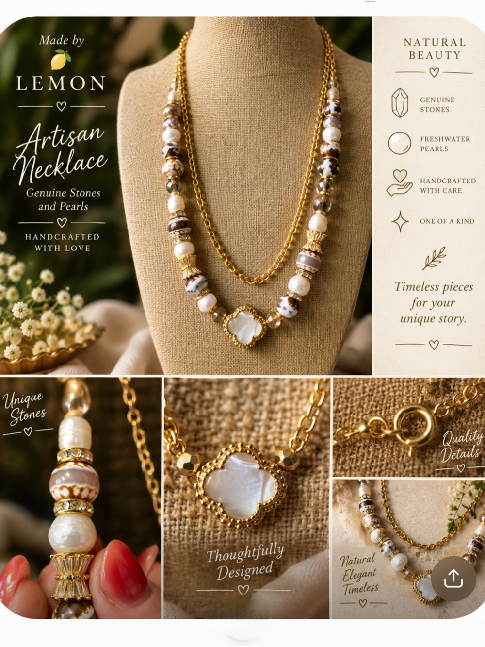 Lemon Gold Chain Necklace with White and Taupe Pearl Beads - Picture 1 of 6